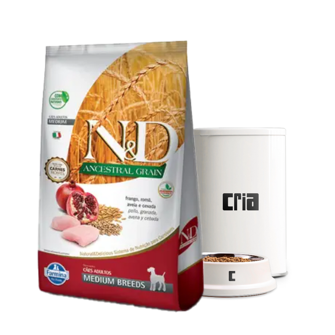 N&D Ancestral Grain Cães Adultos Porte Médio Sabor Frango e Romã