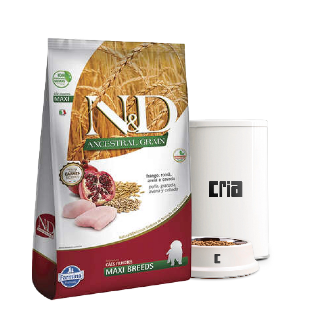 N&D Ancestral Grain Cães FIlhotes Porte Grande ou Gigante Sabor Frango e Romã