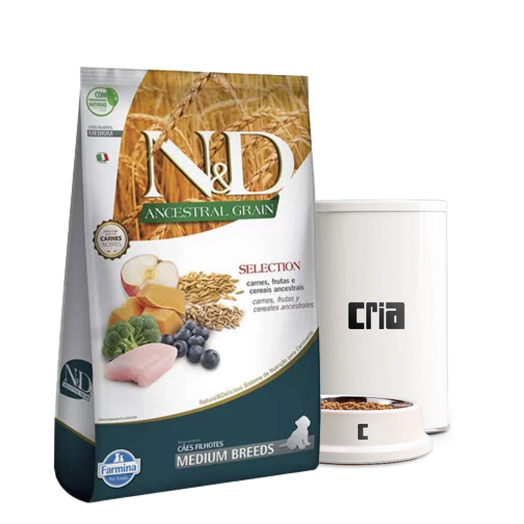 N&D Selection Ancestral Grain Cães FIlhotes Porte Médio Sabor Carnes e Frutas