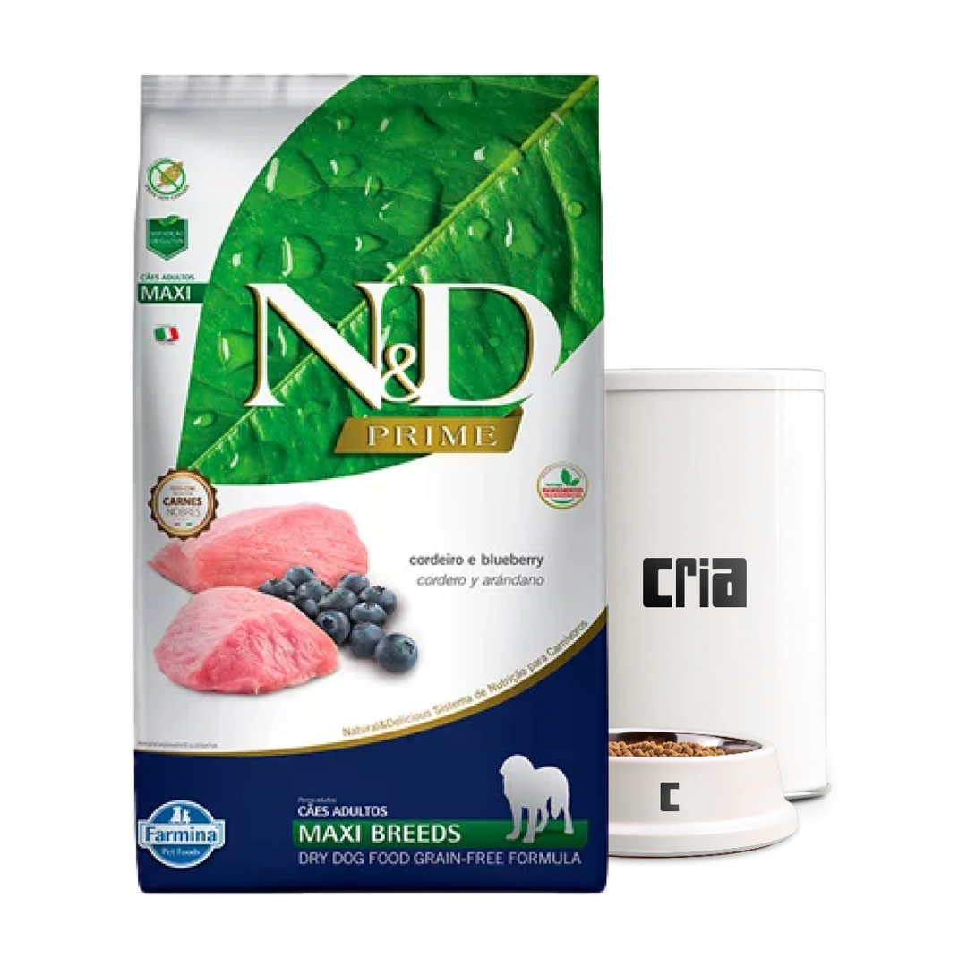 N&D Prime Cães Adultos Porte Grande ou Gigante Sabor Cordeiro e Blueberry- Ração a Granel (venda por 100g)