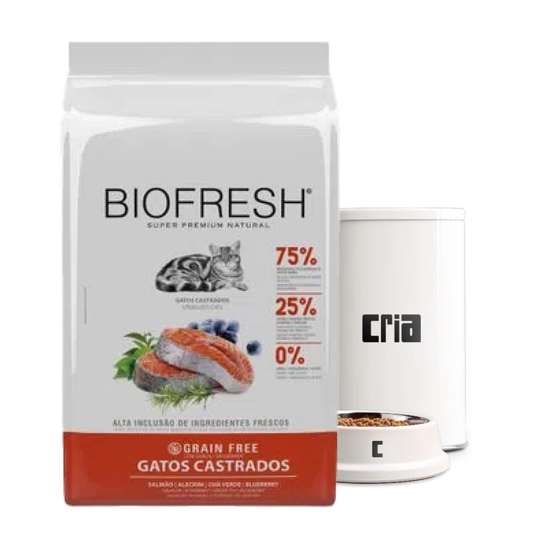 Biofresh Gatos Adultos Castrados Grain Free Sabor Salmão, Alecrim e Chá Verde- Ração a Granel (venda por 100g)